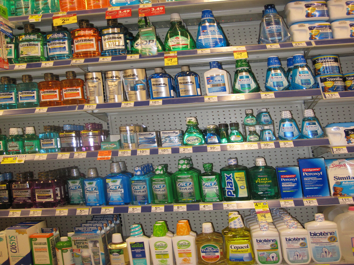 A variety of mouthwash options on a store shelf