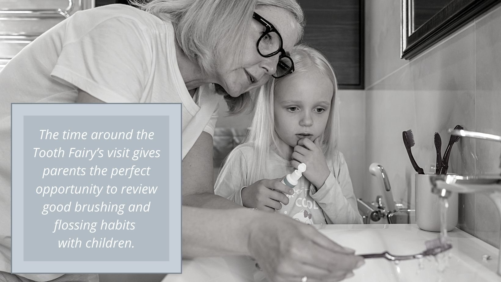 parent teaching good teeth brushing habits to child